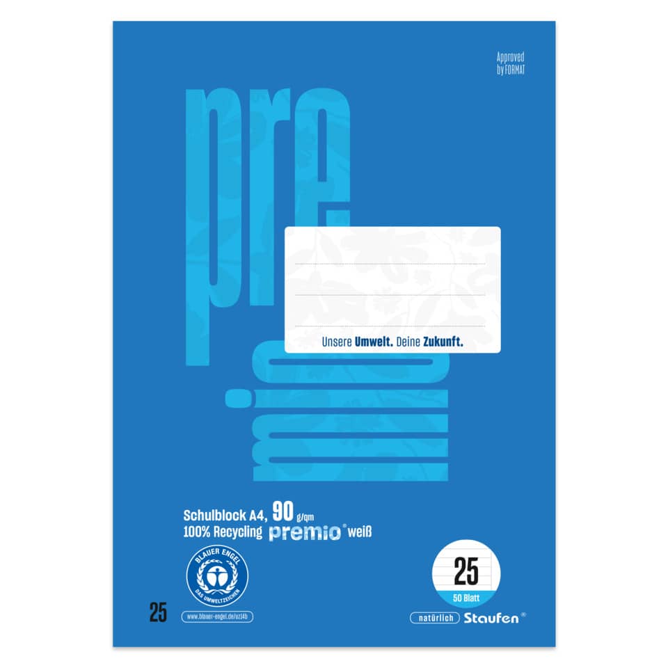 A4 Block, Recyclingpapier, blaue Deckel, weißes Etikett, 25 Blätter