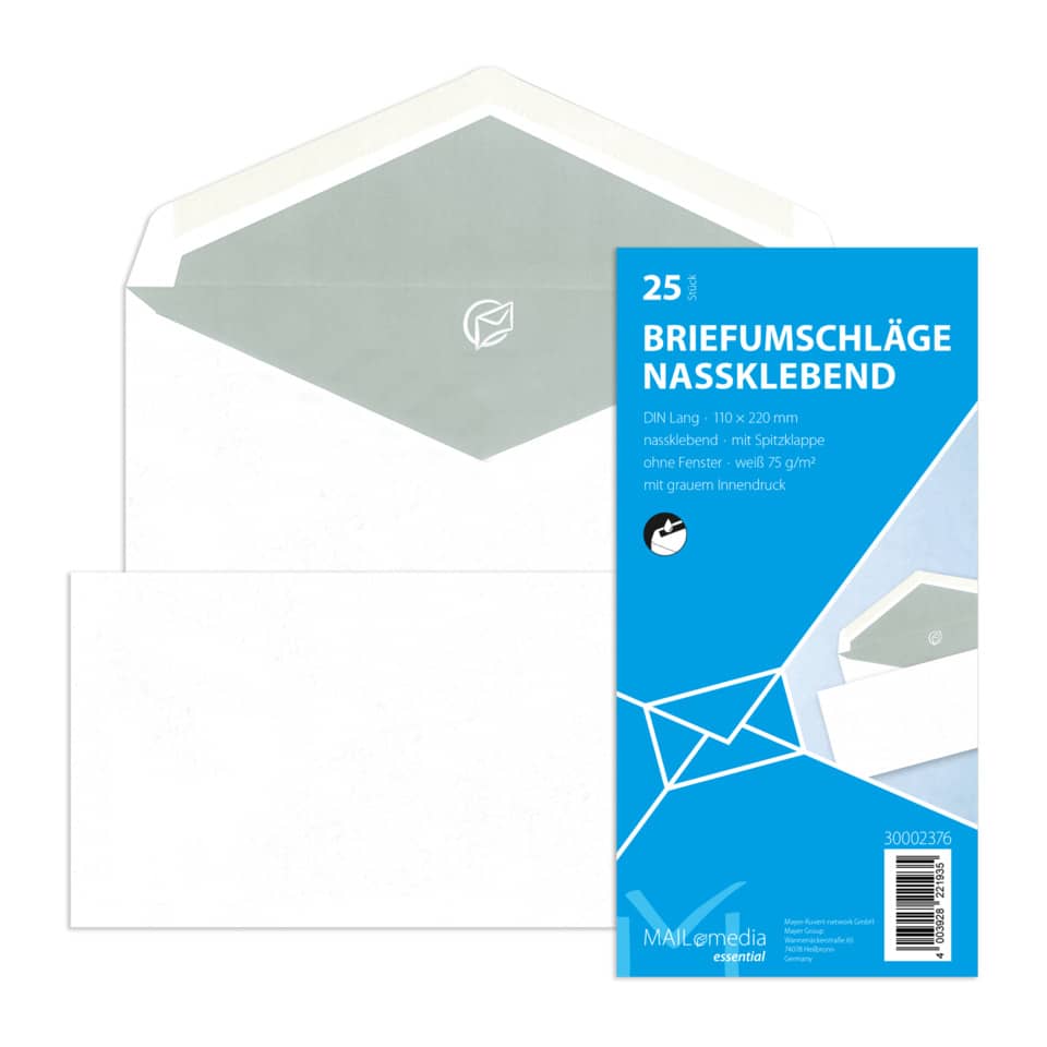 Briefumschläge, Nassklebend, DIN Lang, Spitzklappe, Weißes Papier