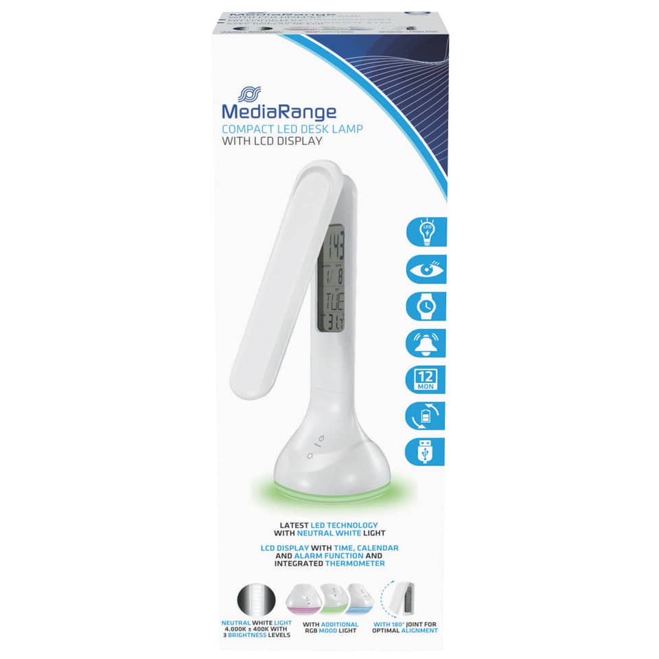 LED-Schreibtischlampe, digitale Anzeige, faltbare Lampe, weiße Farbe, integrierte Thermometer