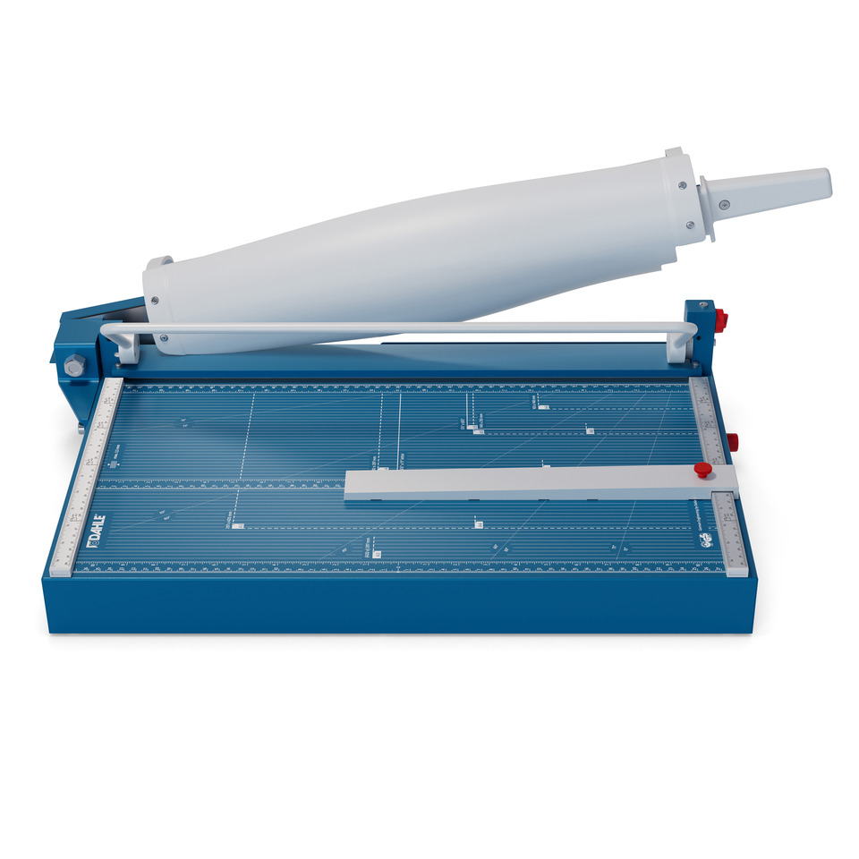 Schneidemaschine, Buchschlitten, Schneidelineal, Papierklemmen, Schneideplatte