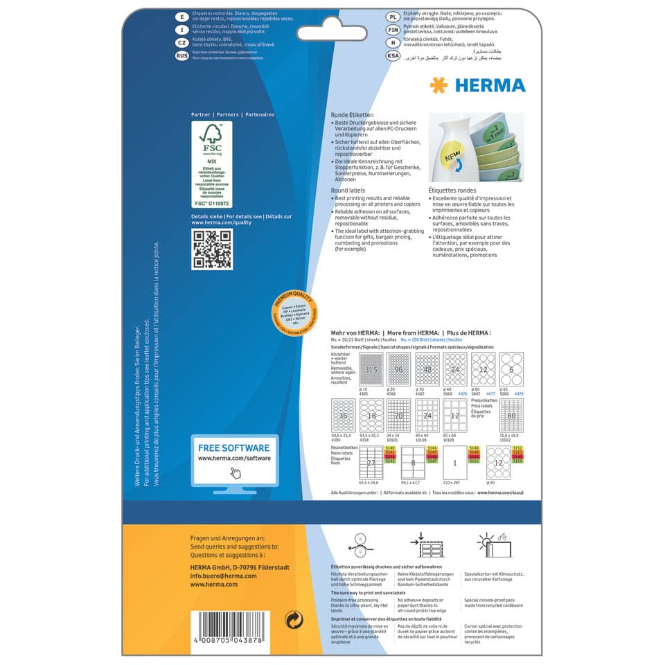 Kartonverpackung, Etiketten, FSC-Kennzeichnung, Runde Etiketten, Herma-Logo
