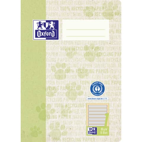 Heft Recycling, A5, 90g/m², 16 Blatt, Lin.1, liniert, hellgrün OXFORD 400159450