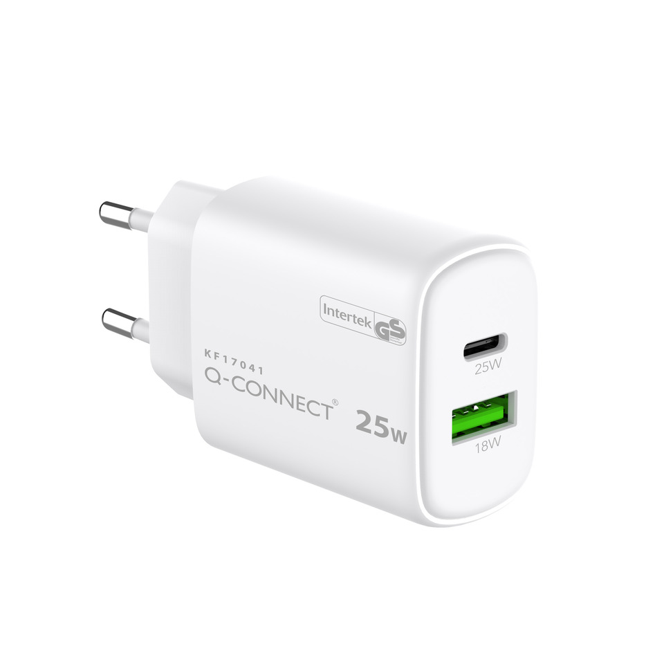USB-C Ladegerät, 2 USB-Anschlüsse, 25W Leistung, weißer Stecker, Q-CONNECT