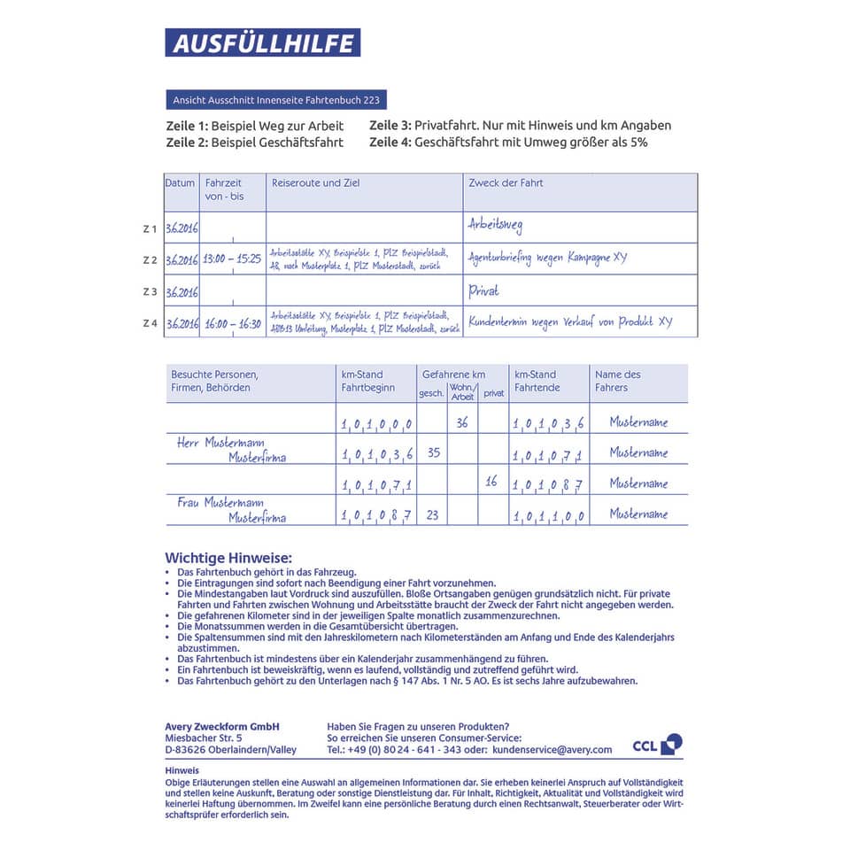 Formular, Fahrtenbuch, Ausfüllhilfe, Kartenformat, Tabelle