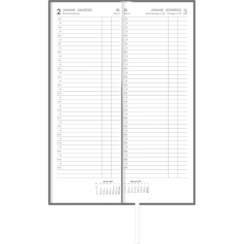 Kalender, Tagesplaner, Doppelseite, Jahr 2027, Spaltenlayout