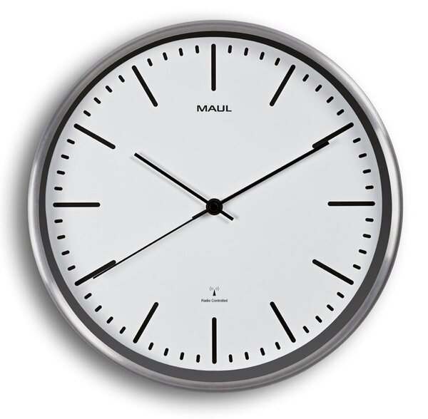 Wanduhr MAULlfly, weiß, Ø 30 cm, Funkuhr, Glaslinse, 3 Zeiger (Stunde, Minute, Sekunde), weiße Balkenstriche und Zeiger auf schwarzem Grund