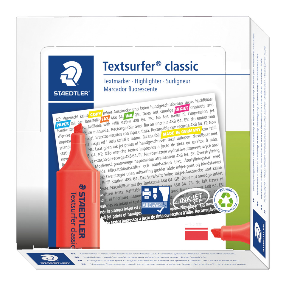 Textmarker, Textmarker classic, Fluoreszierende Tinte, Roter Marker, Staedtler
