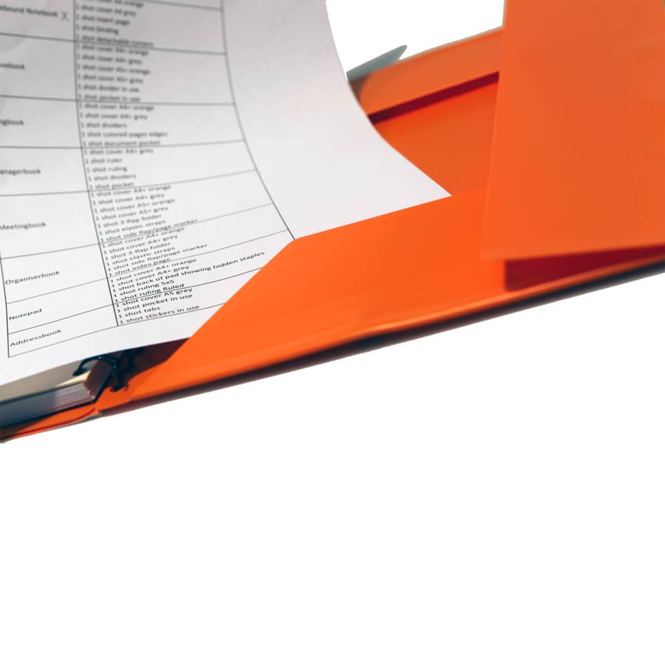 orange binder, ring binder, paper sheet, document organizer, file clip