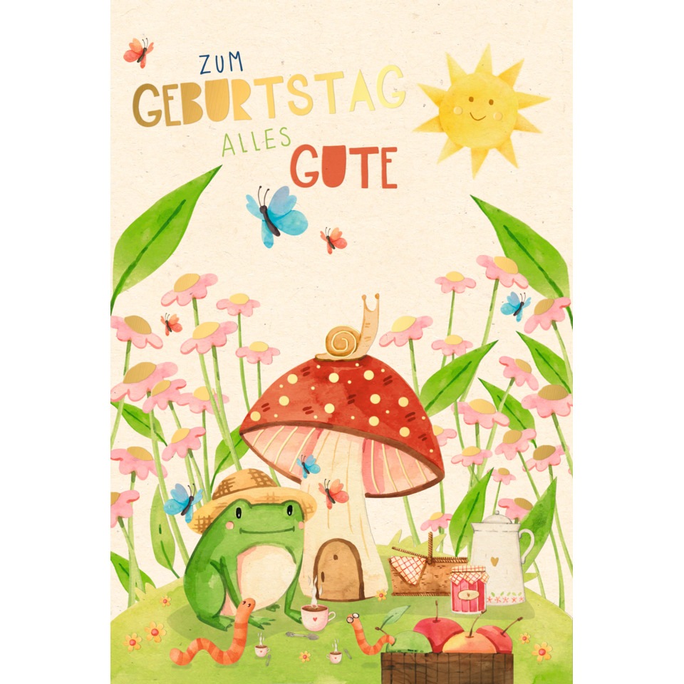 Mushroom, Mushroom house, Frog, Snake, Garden scene