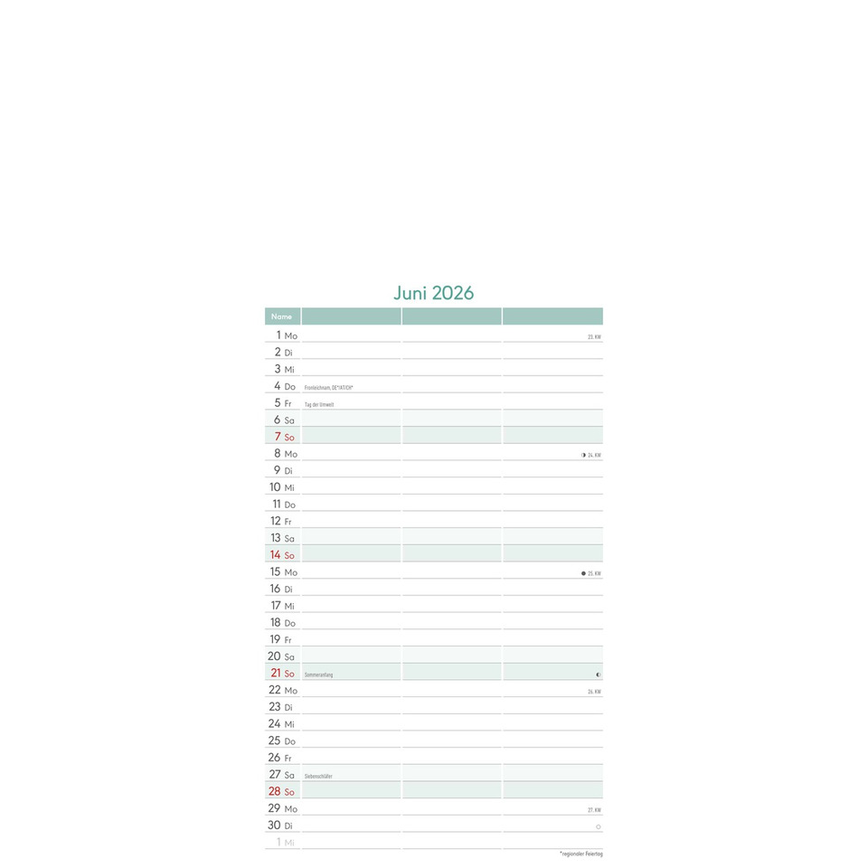 Kalender, Monatskalender, Juni 2026, Tischkalender, Terminkalender