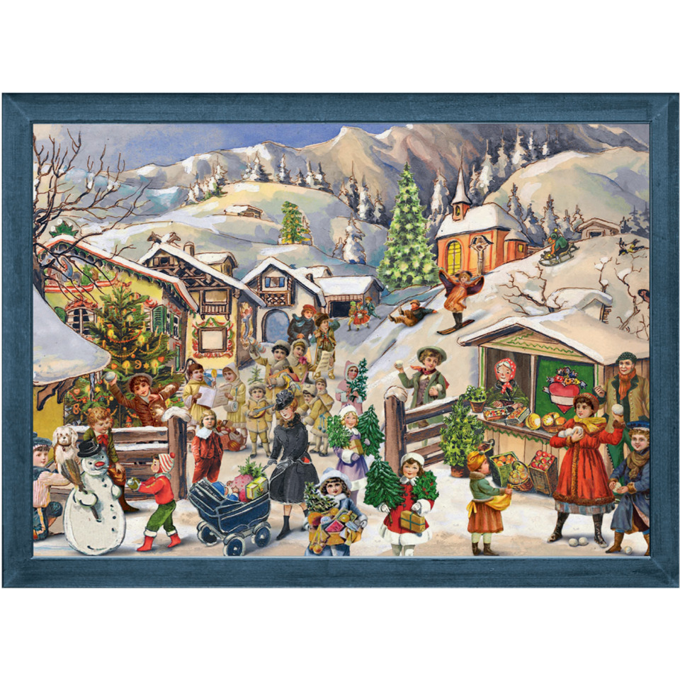 Weihnachtsszene, Winterdorf, Schneelandschaft, Marktstände, Kinder