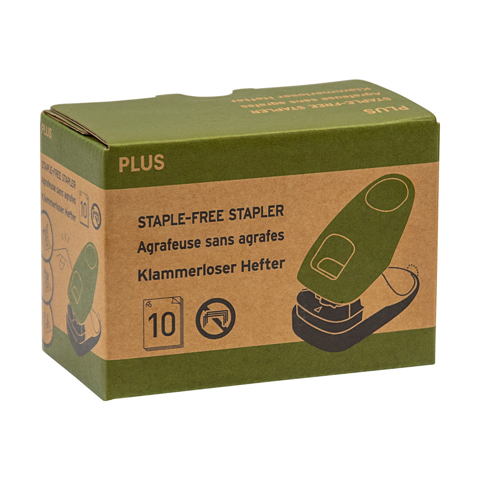 Staple-free stapler, Klammerloser Hefter, Grün, 10 Blatt, Kartonbox