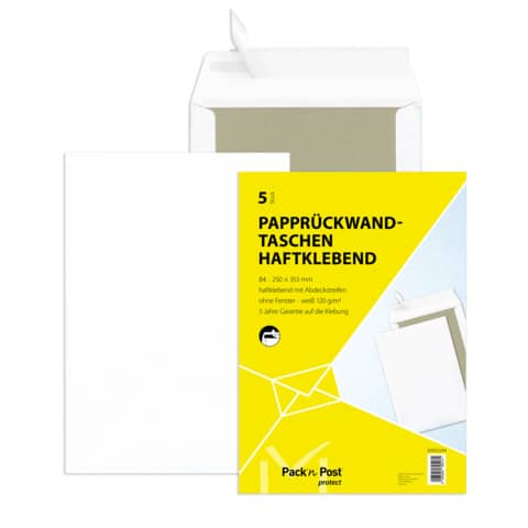 Papprückwandtasche, B4, 120g/m², Haftklebend, 5 Stück, weiß MAILMEDIA 30002544