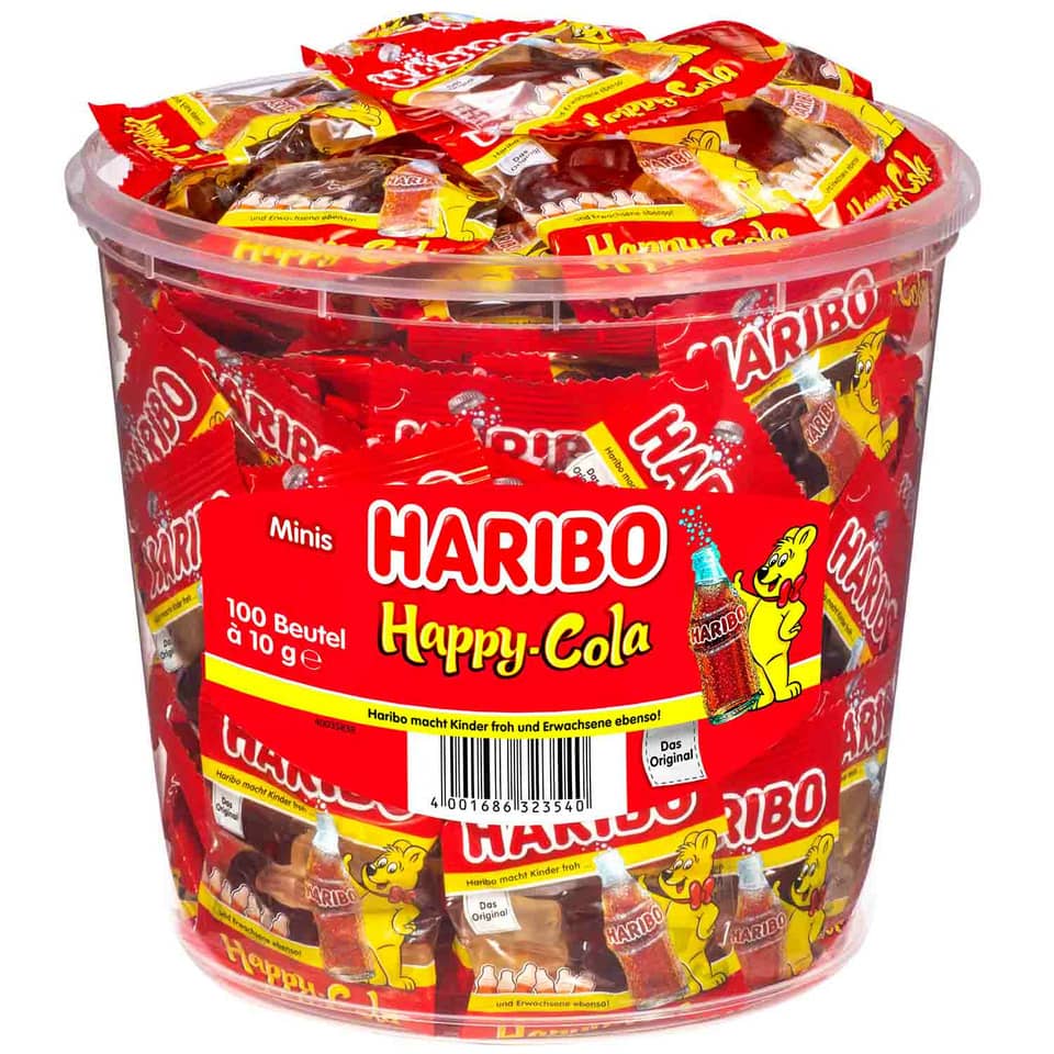 haribo candy, minis, cola flavor, bucket, unwrapped candy
