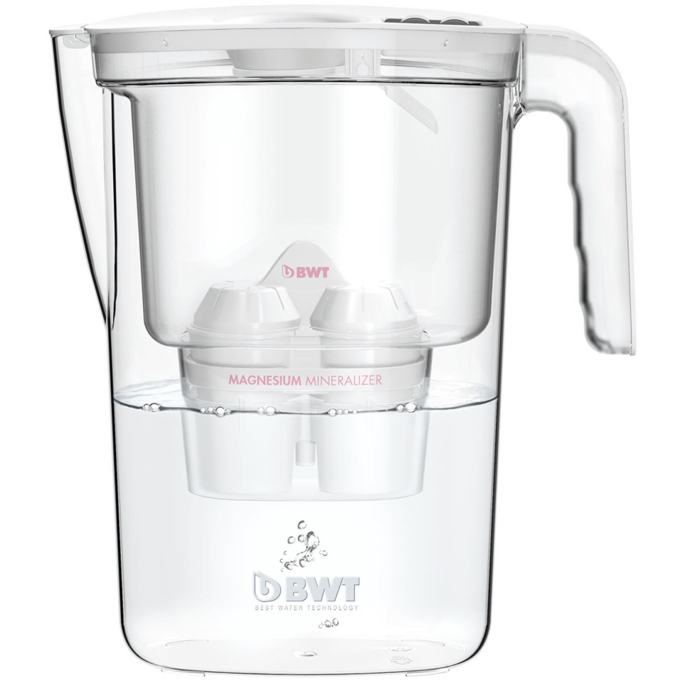 Wasserfilter, Magnesium-Filter, Glasbehälter, Wasserkanne, BWT-Logo