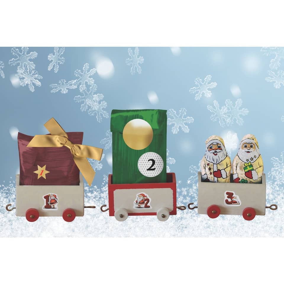 Weihnachtszug, Holzspielzeug, Geschenkverpackung, Schneeflocken, Bunte Wagon