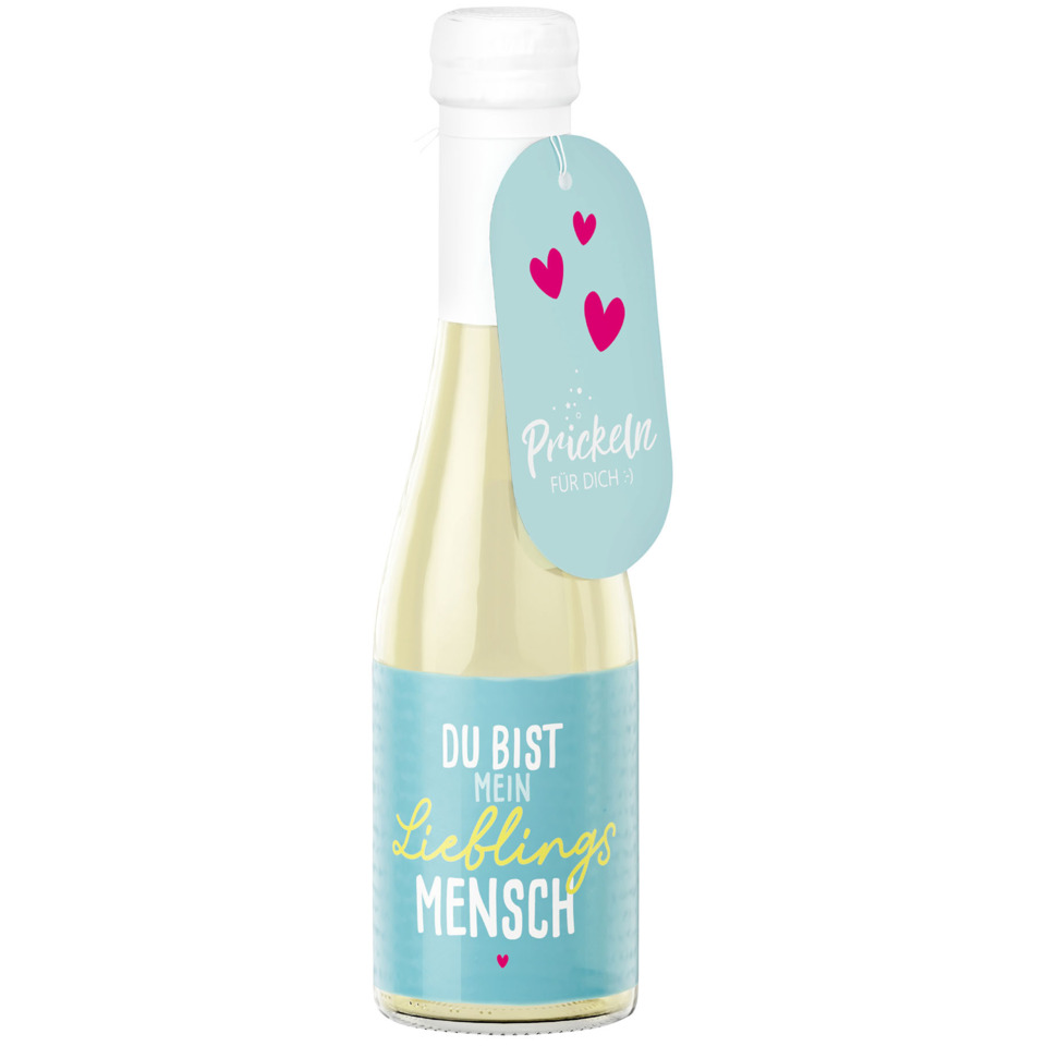 Sektflasche, Glasflasche, Flasche mit Etikett, Herzmotiv, Spruchetikett