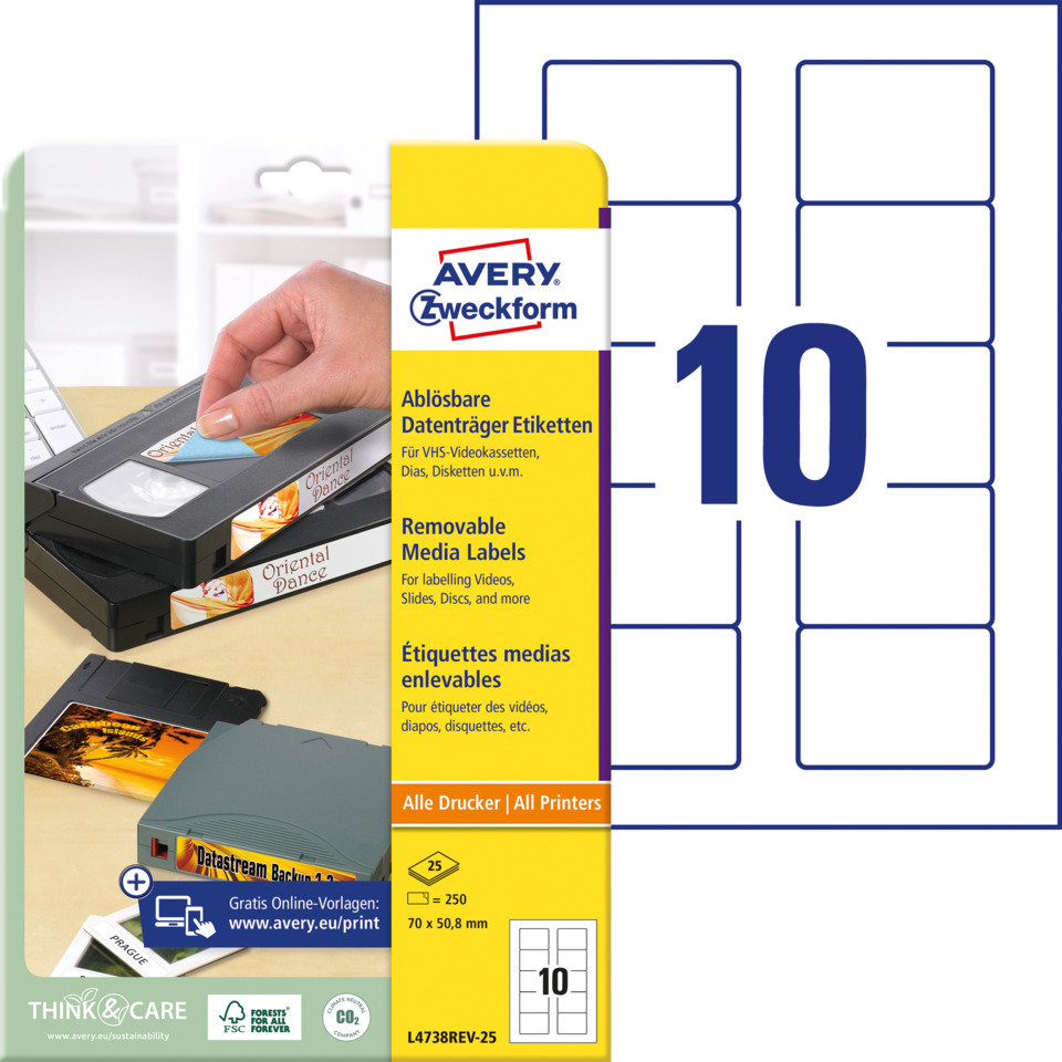 VHS-Kassetten, Etikettenkassette, Avery Zweckform, Entfernbare Etiketten, Datenkassette, VHS-Kassette, Etiketten, Label, Datenträger-Labels, Verpackung