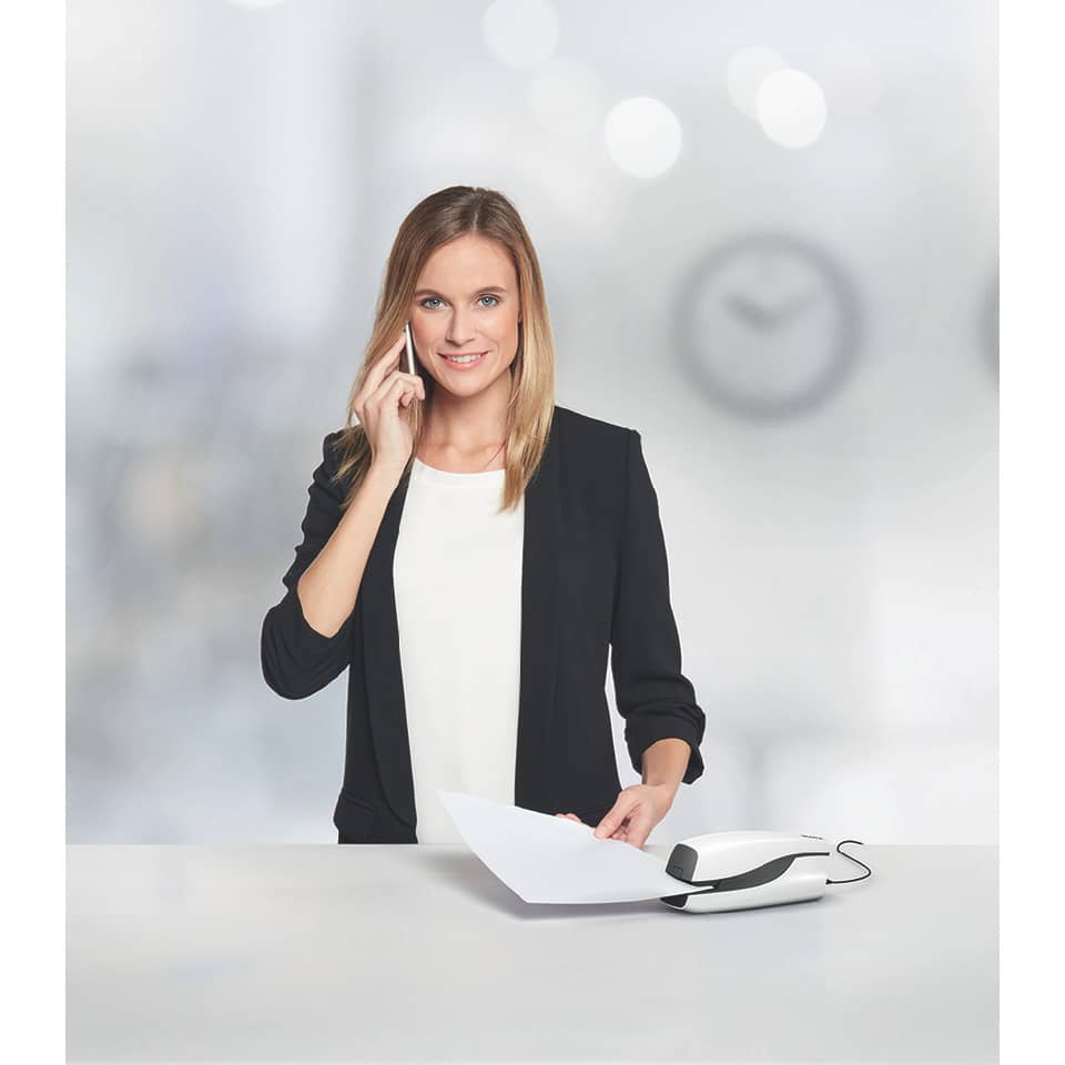 office, telephone, woman, paper, fax machine
