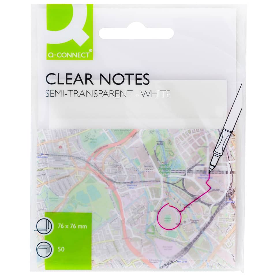 Haftnotizblock Clear Notes, 50 Blatt, 1 Stück, 76x76mm, transparent weiß Q-CONNECT KF10370