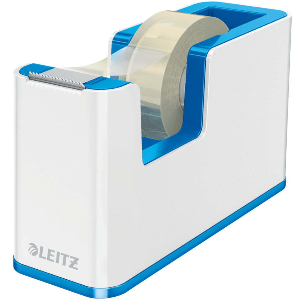 Tape dispenser, Desk tape, Tape roll, Blue accents, Leitz brand, Schneidemaschine, Klebebandabroller, Abroller, Etikettenspender, Bürogerät