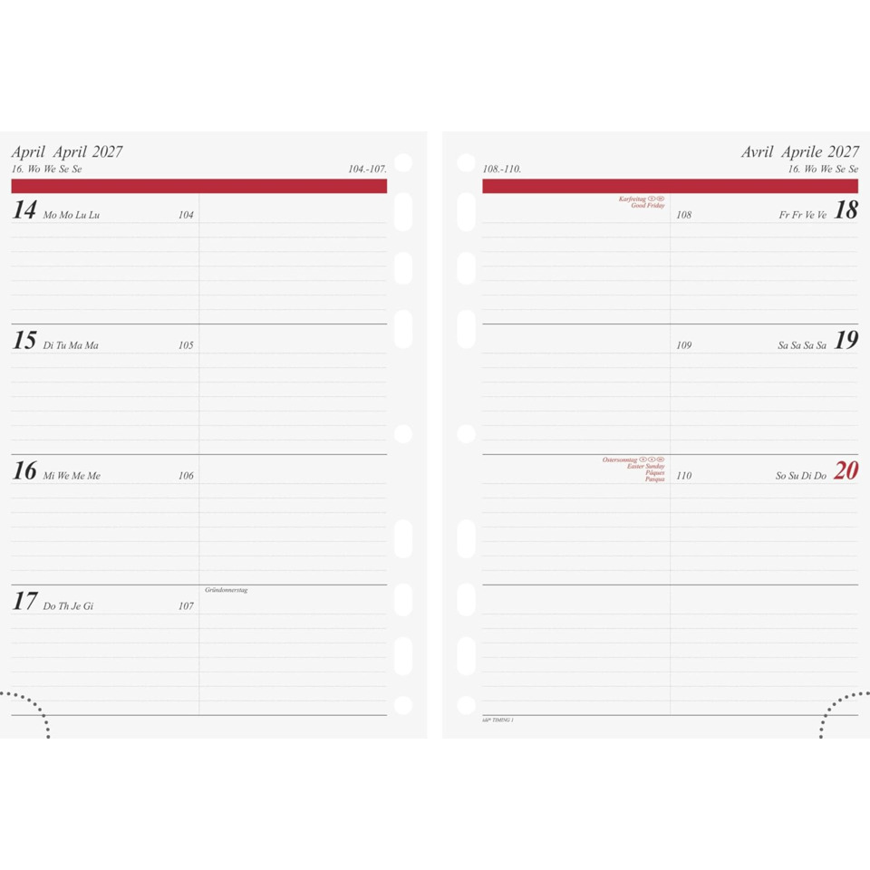 Ersatzkalendarium Wochenplan Timing 1 2027, A5, 128 Seiten, 1W/2S RIDO 7065910007