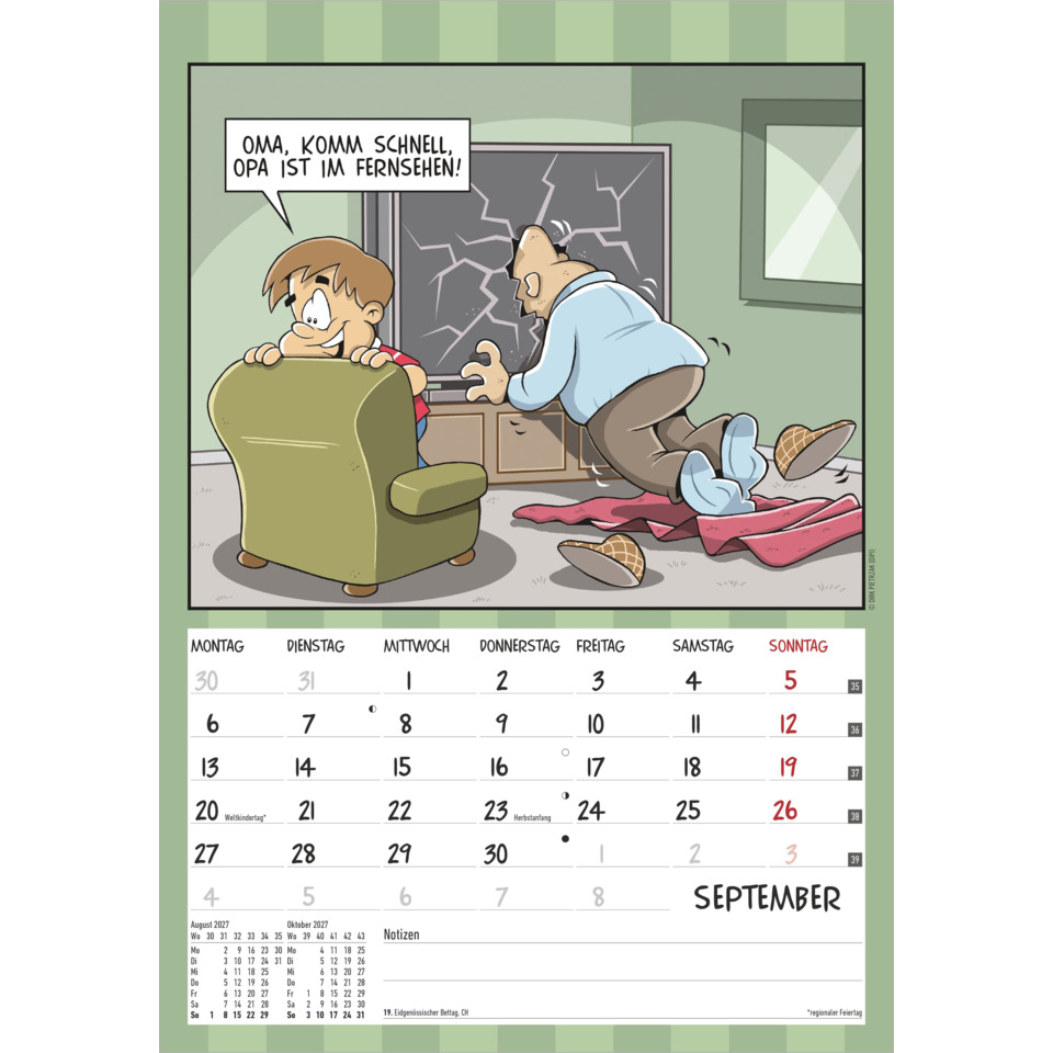 comic, Kalender, Familie, zersplitertes fenster, Wohnzimmer