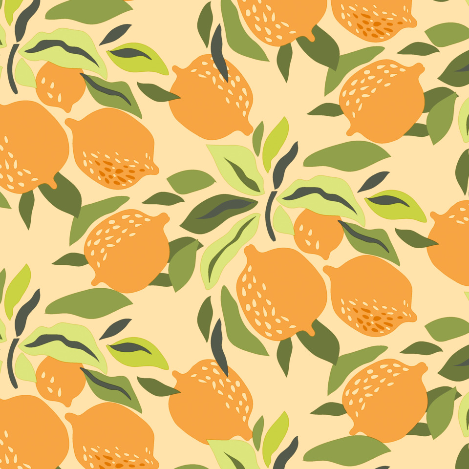Zitrone, Orangenmuster, Fruchtmotiv, Orangengelb, Blätter