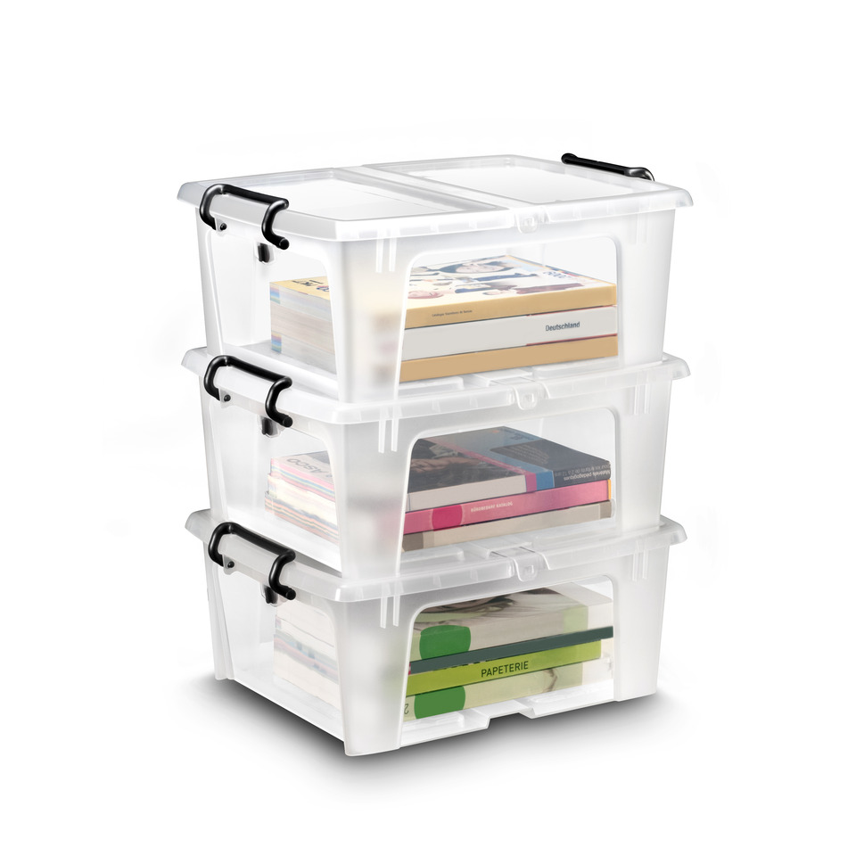 Aufbewahrungsbox, Kunststoffbox, Aufbewahrung, Bücherstapel, transparent