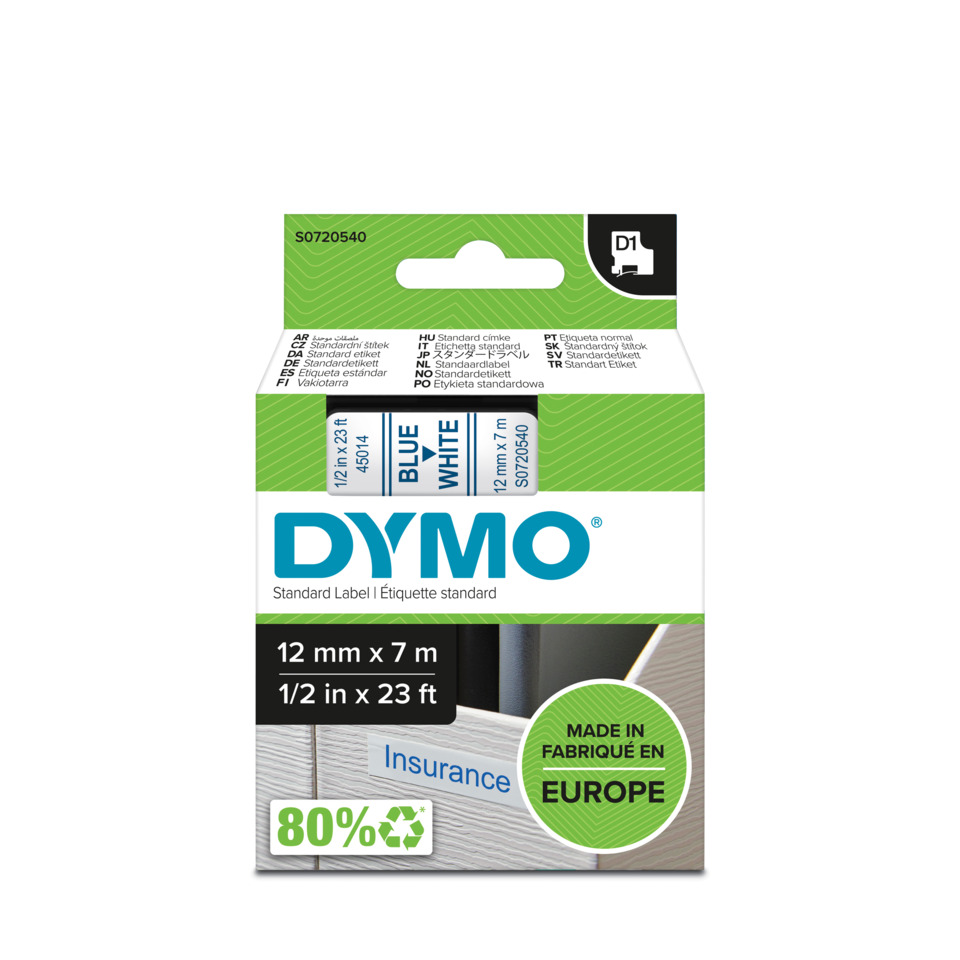 Dymo Etikett, Etikettenband, 12 mm x 7 m, Blau auf Weiß, Hergestellt in Europa