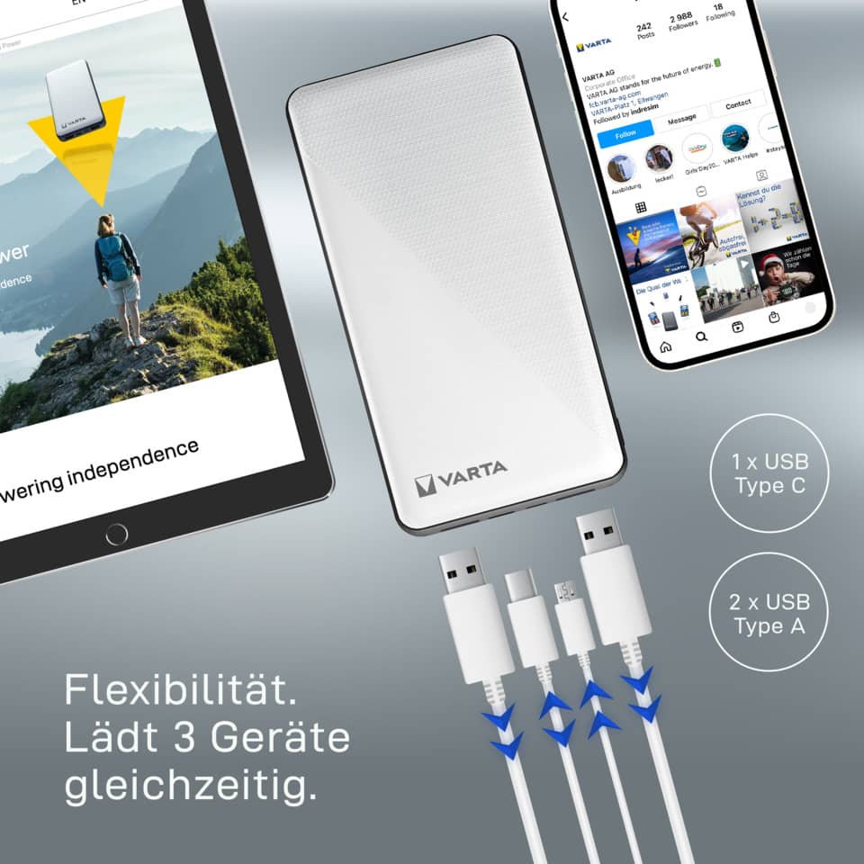 Powerbank, Ladestation, USB-C, USB-A, Drei-Geräte