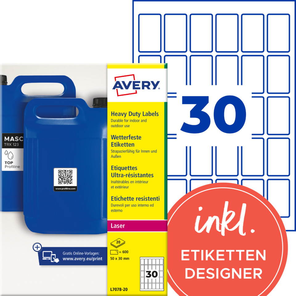 Etiketten, Laseretiketten, Etiketten‑Designer, Wetterfeste Etiketten, Avery Druckmaterial