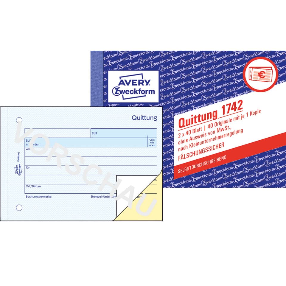 Quittung, Kassenbeleg, Rechnungsvordruck, Gesperrte Vorlage, Avery Zweckform