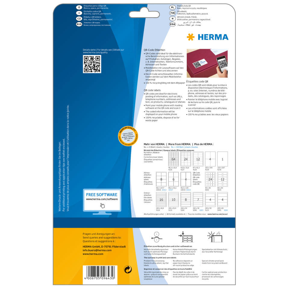QR-Code, Verpackung, Broschüre, blaues Design, Free Software, QR-Code, Etiketten, Verpackung, Blaues Farbverlauf, Herma