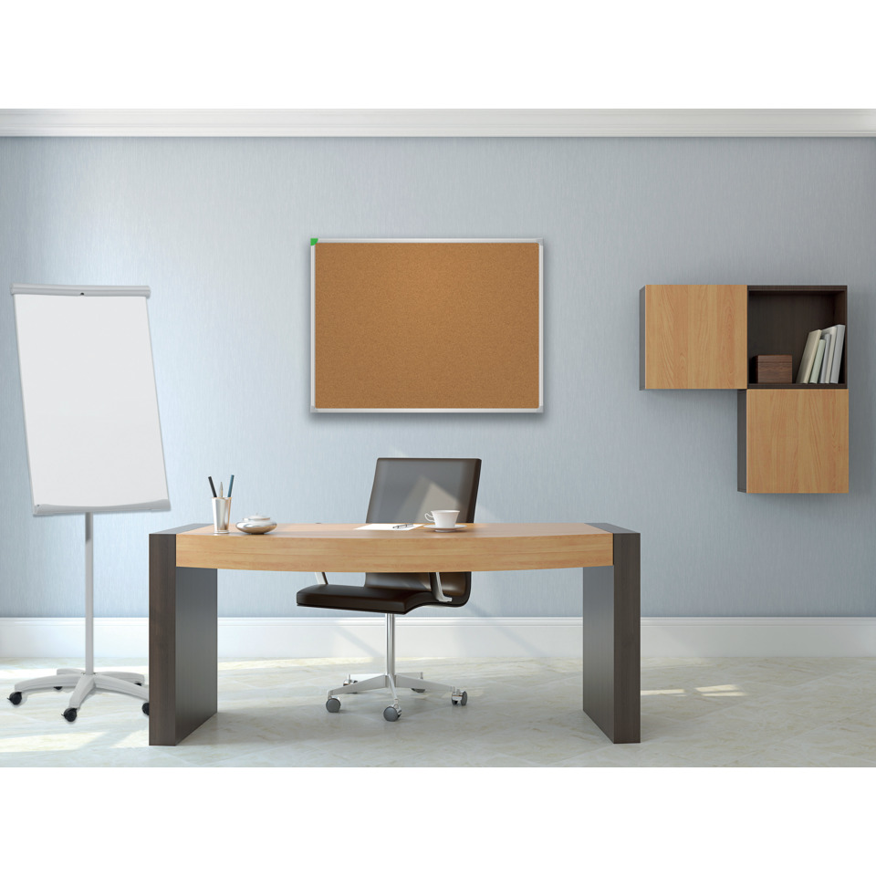 schreibtisch, büro, stuhl, whiteboard, korkbrett