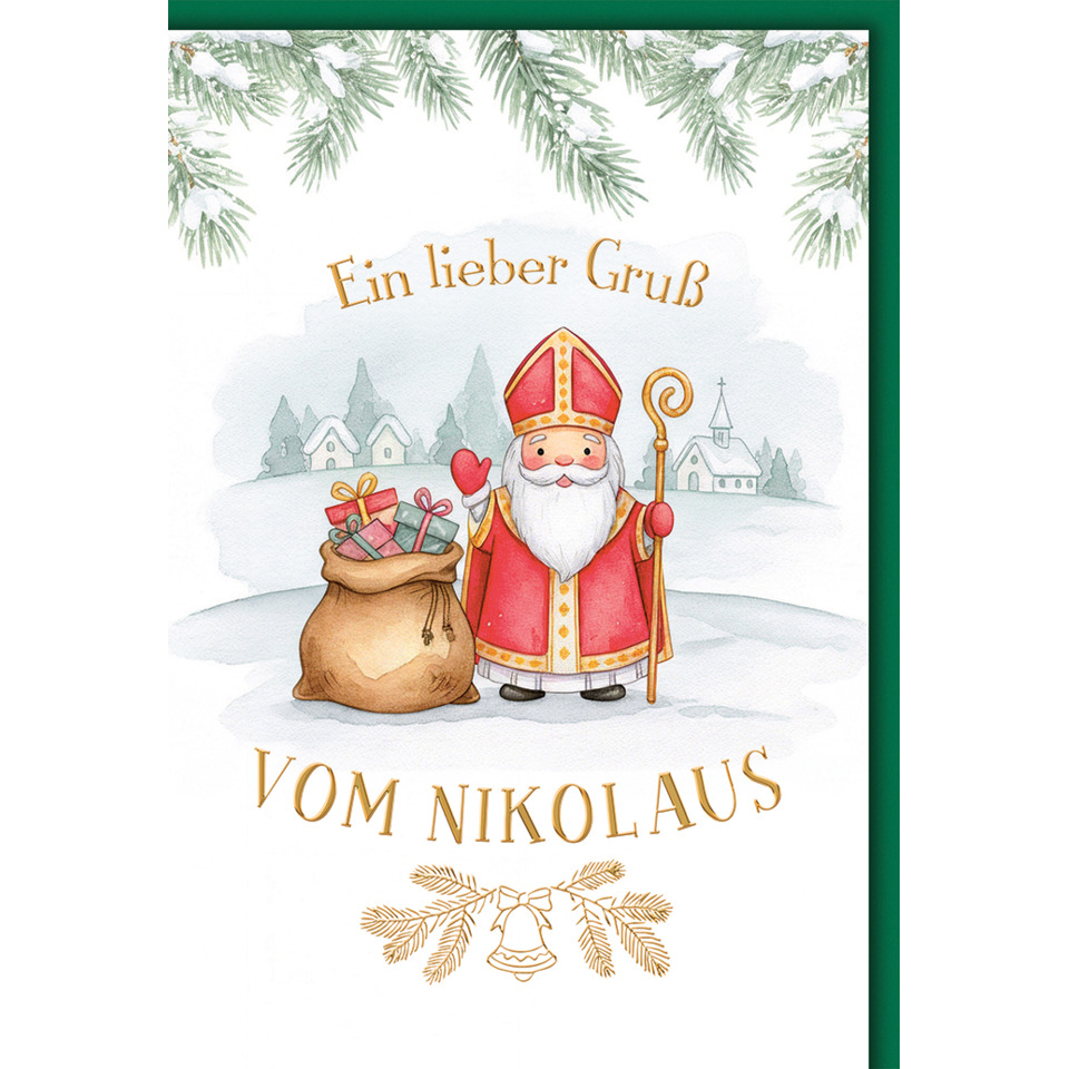 Sankt Nikolaus, Weihnachtskarte, Stiefel, Sack Geschenke, Berglandschaft