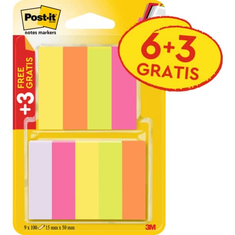 Haftstreifen Page Marker Promotion schmal, 15x50mm, 6x100 Blatt POST-IT 670-6+3