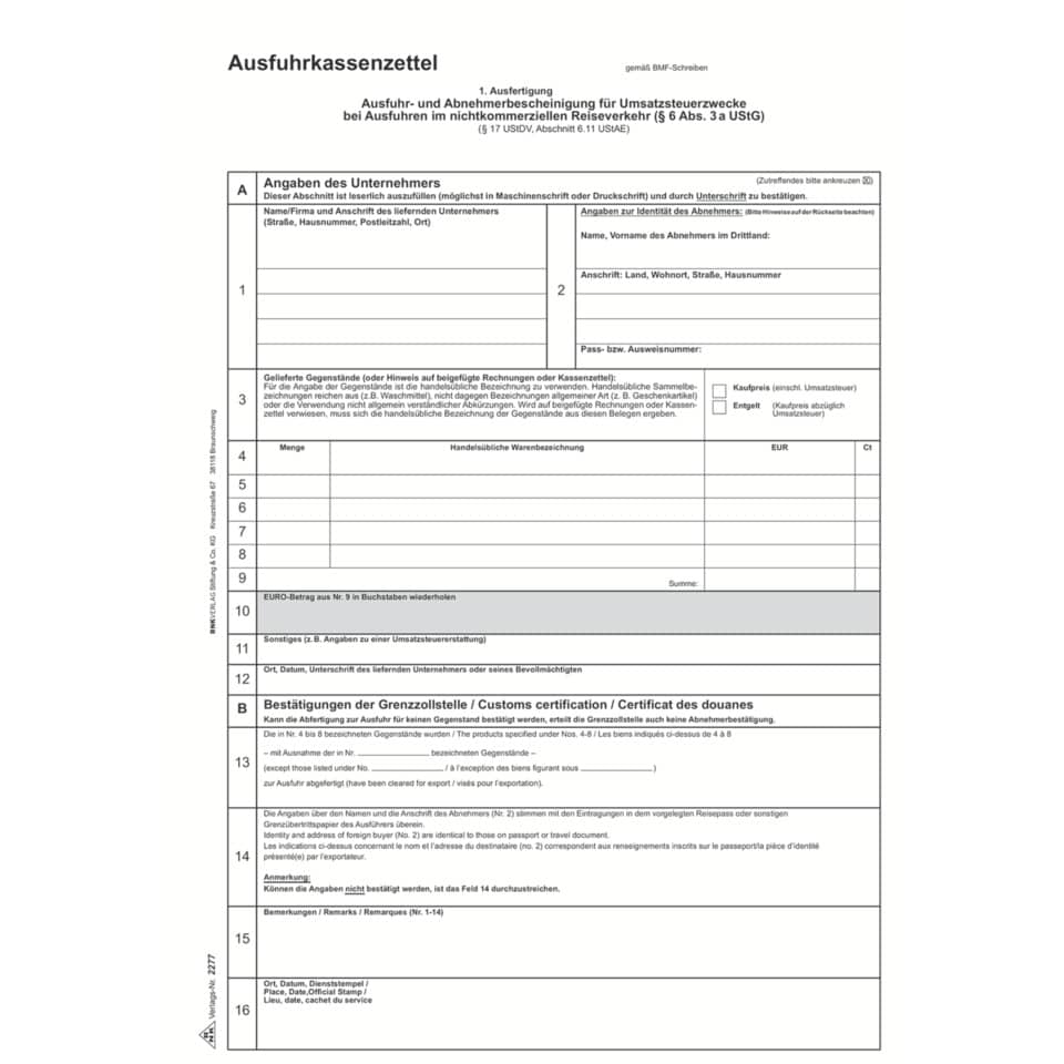 Ausfuhrkassenzettel, Kassenzettel, Formular, EU-Export, Umsatzsteuerzwecke