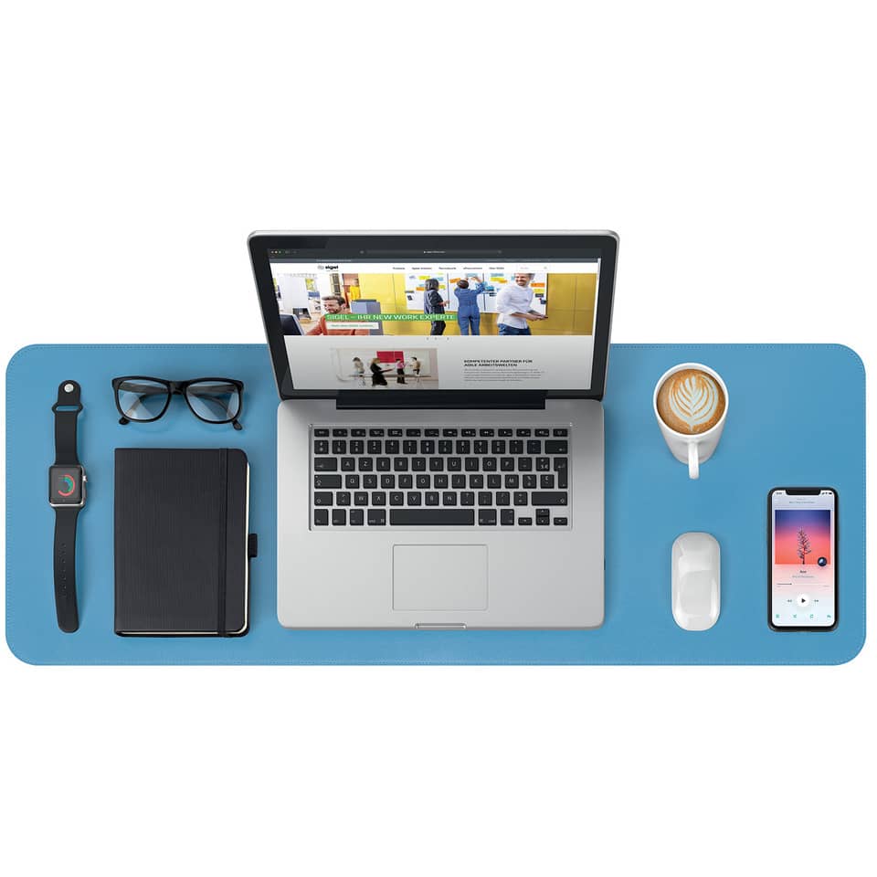 laptop, desk setup, blue mat, smartwatch, smartphone