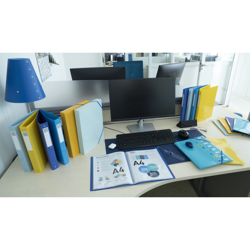 Arbeitsplatz, Monitor, Ordner, Ordnerhüllen, Schreibtischzubehör