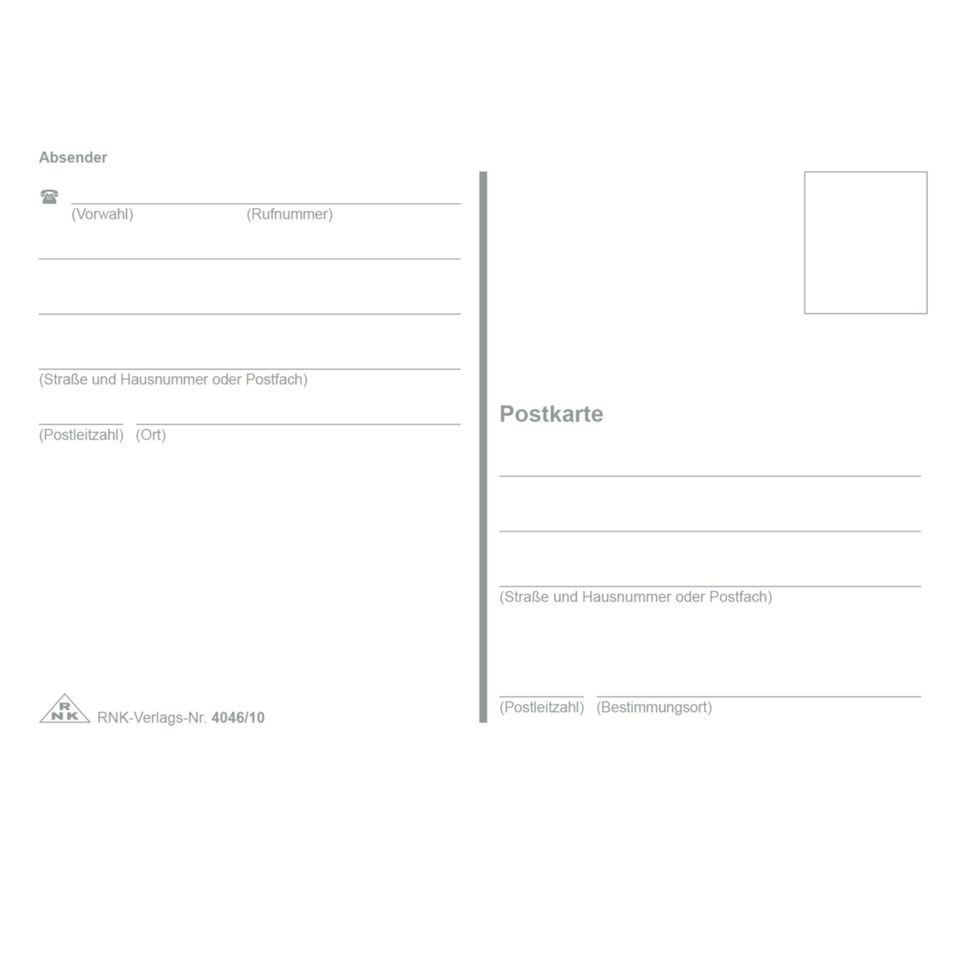 Postkarte, Kartenformular, Absender, Postkarte leer, RC-Blanko
