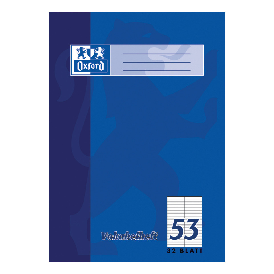 notebook, Vokabelheft, Etikettenblatt, rechteckiges Heft, blauer Einband