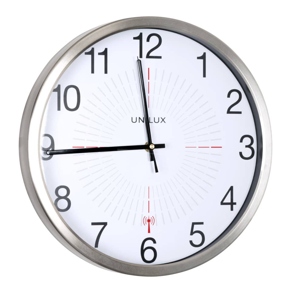 Wanduhr, Analoguhr, Silberrahmen, Weißes Zifferblatt, Große Ziffern