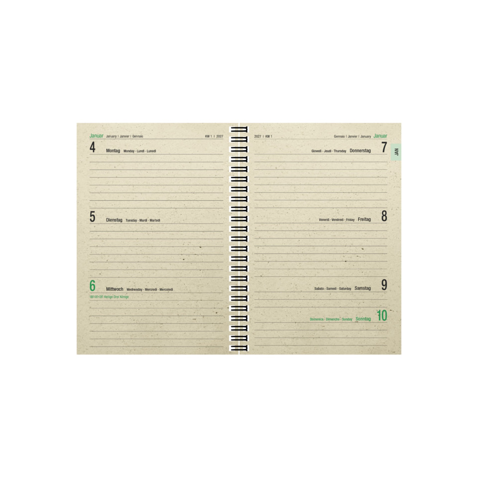 spiral-bound planner, wöchentlicher Planer, beiges Notizbuch, Zweiband-Seitenansicht, Datumsraster
