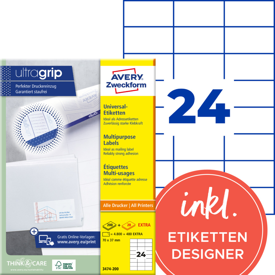 etiketten, druckeretiketten, multipurpose etiketten, großformat, 24er packung