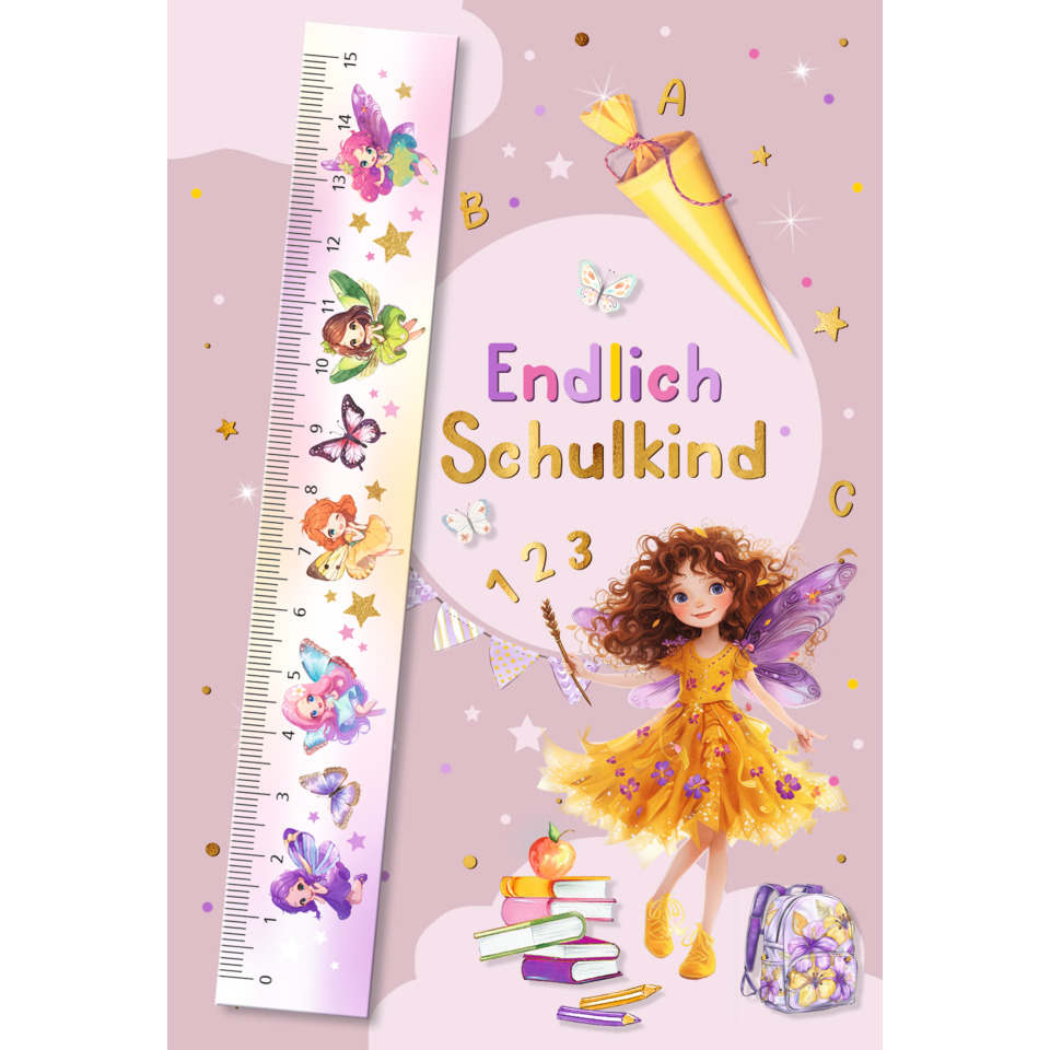 Mädchenfee, Schulkind, Maßstab-Tafel, Bücherstapel, Rucksack