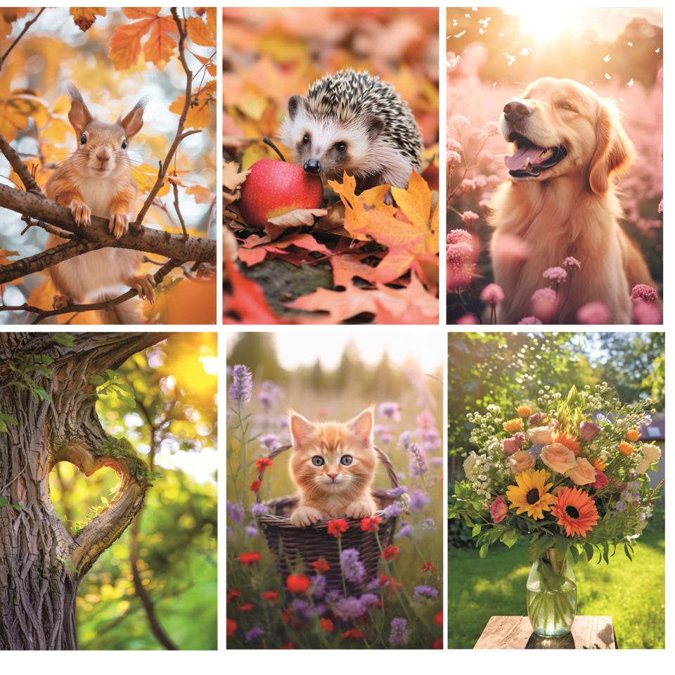 Eichhörnchen, Igel, Hund, Katzchen, Blumenstrauß