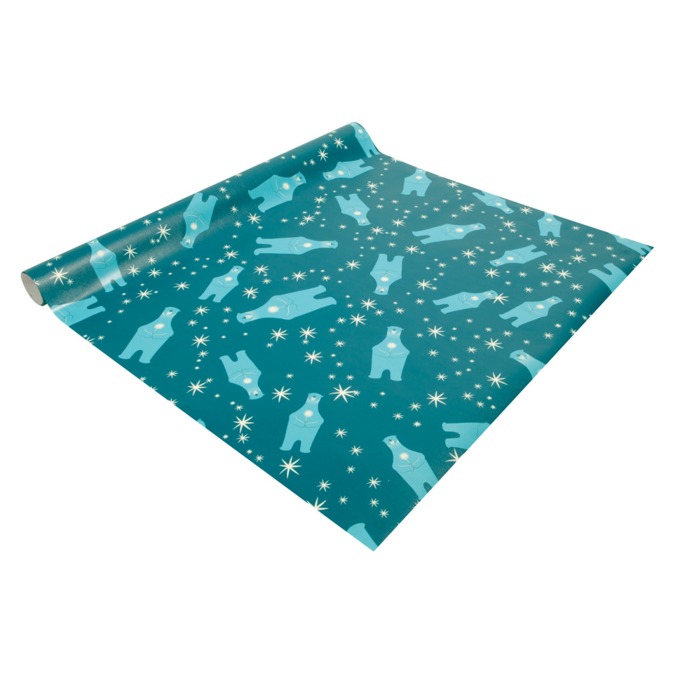 Wrapping paper, Polar bear pattern, Blue teal, Starry snowflakes, Gift wrap