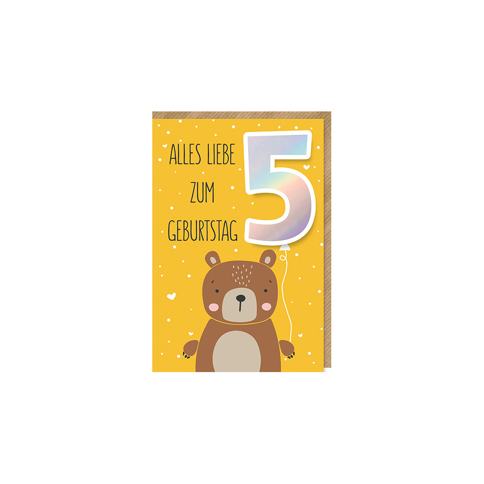 Geburtstagkarte, 5. Geburtstag, Teddy, Cartoon, Unten links