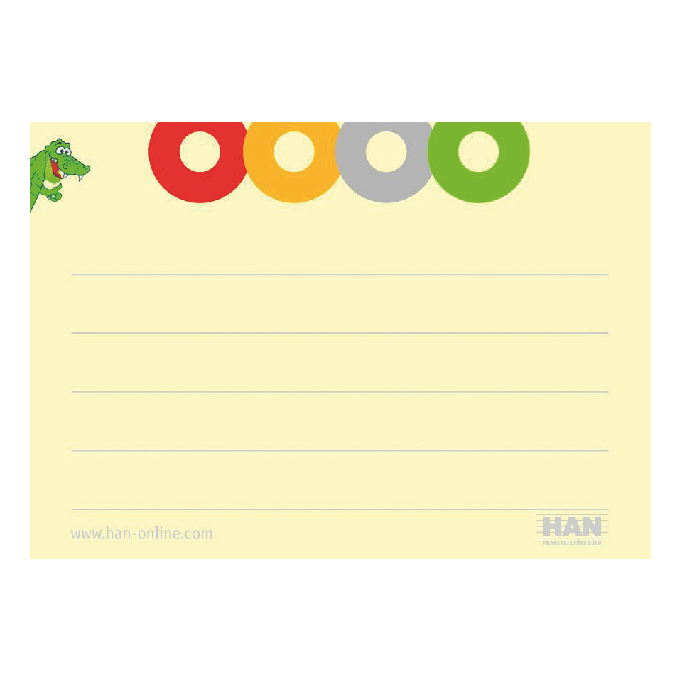 Briefpapier, Notizpapier, gelber Hintergrund, bunte Kreise, Krokodil-Logo